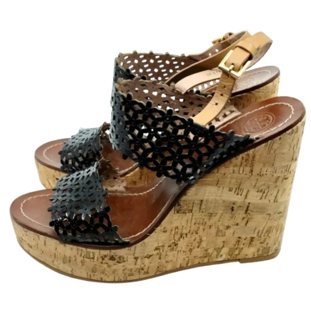 TORY BURCH~Daisy Floral~BLACK PERFORATED LEATHER PLATFORM SANDALS SHOES Sz 10